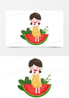 女孩吃瓜手绘,手绘描绘的甜蜜瞬间